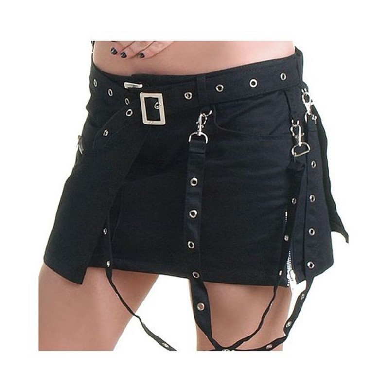 Women Gothic Black Skirt Belt Style Buckle Mini Short Black and Silver Skirt
